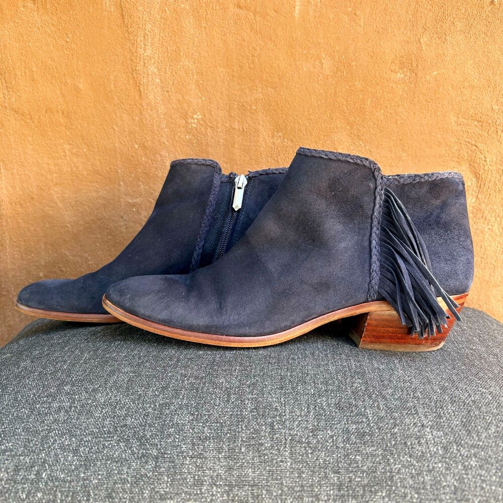 Sam Edelman Navy Blue Suede Paige Fringe Zip Up Low Booties